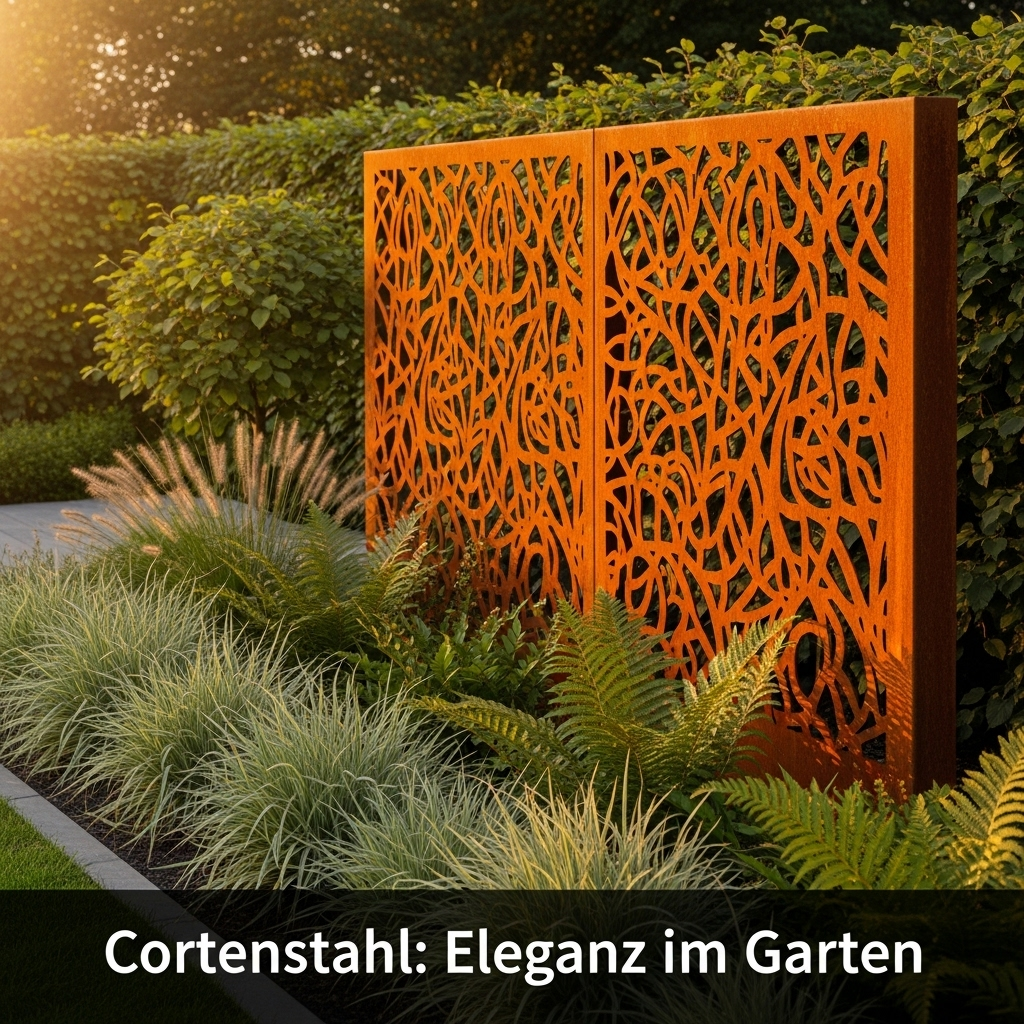 Ein moderner Cortenstahl Sichtschutz mit lasergeschnittenen Mustern, umgeben von grünen Pflanzen in einem eleganten Garten, illustriert "12 Kreative Ideen für Sichtschutz aus Cortenstahl im Garten".