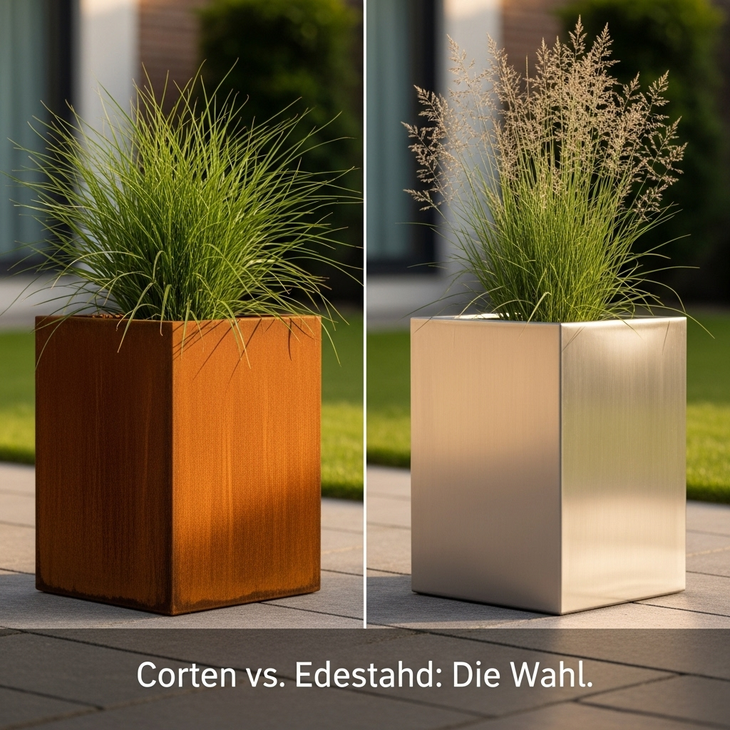 Zwei moderne Pflanzkübel, einer aus Cortenstahl mit warmer Rostpatina und einer aus glänzendem Edelstahl, stehen nebeneinander in einem eleganten Garten und vergleichen die Materialien für Pflanzkübel im Garten.