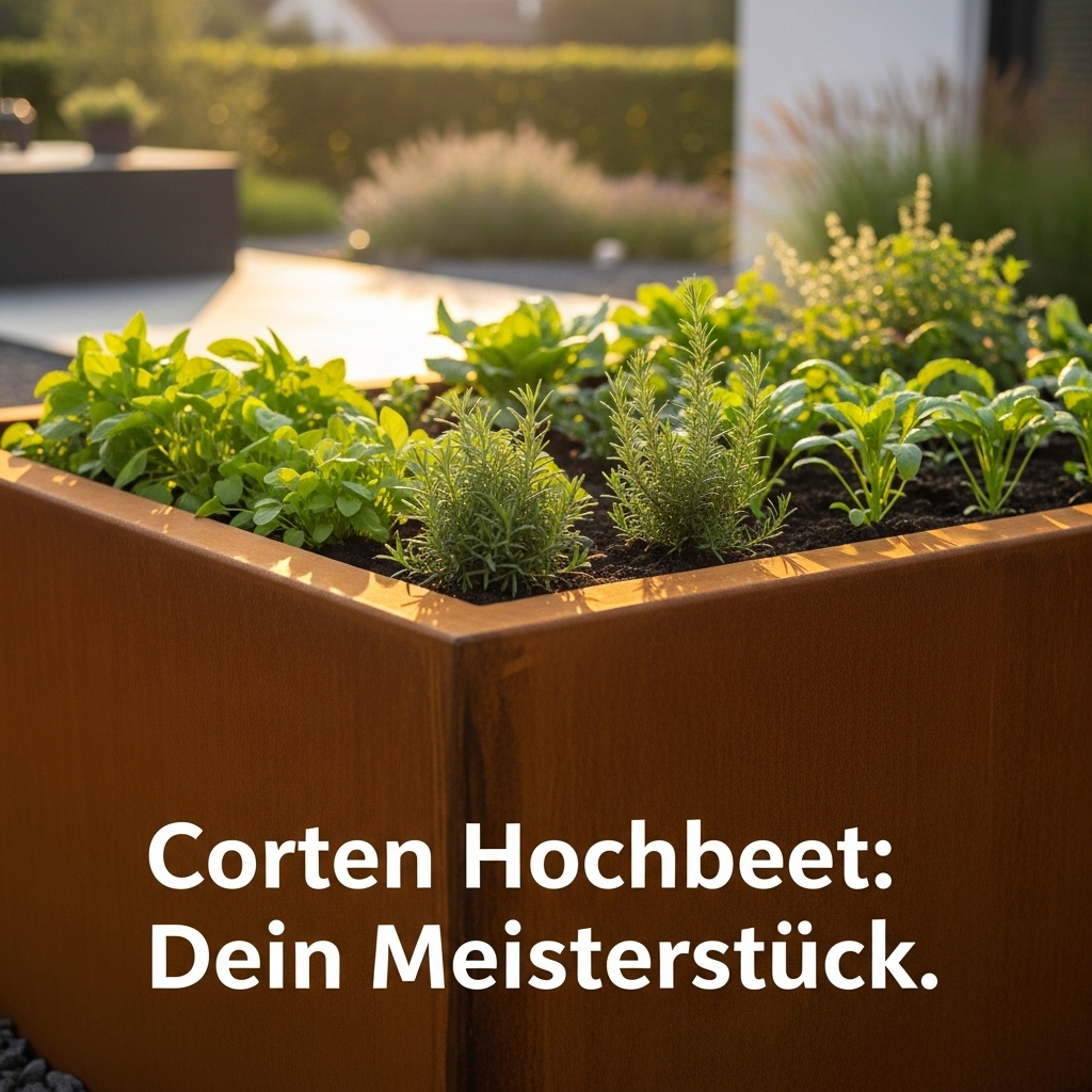 Ein fertiggestelltes Cortenstahl Hochbeet nach Maß, gefüllt mit frischen Pflanzen, in einem modernen Garten bei Sonnenuntergang. Das Bild illustriert die DIY-Anleitung zum Bau eines Cortenstahl Hochbeets Schritt für Schritt.
