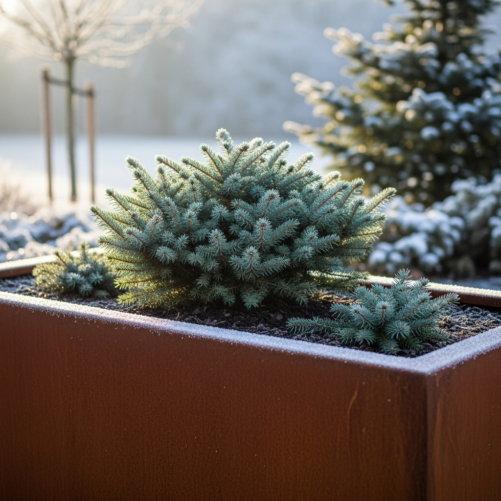 Ein Cortenstahl Pflanzkübel im Winter, der eine gesunde, isolierte Pflanze enthält, umgeben von leichtem Schnee. Das Bild illustriert die Anleitung zum Winterfestmachen von Cortenstahl Pflanzkübeln und den Schutz der Pflanzen vor Frost.