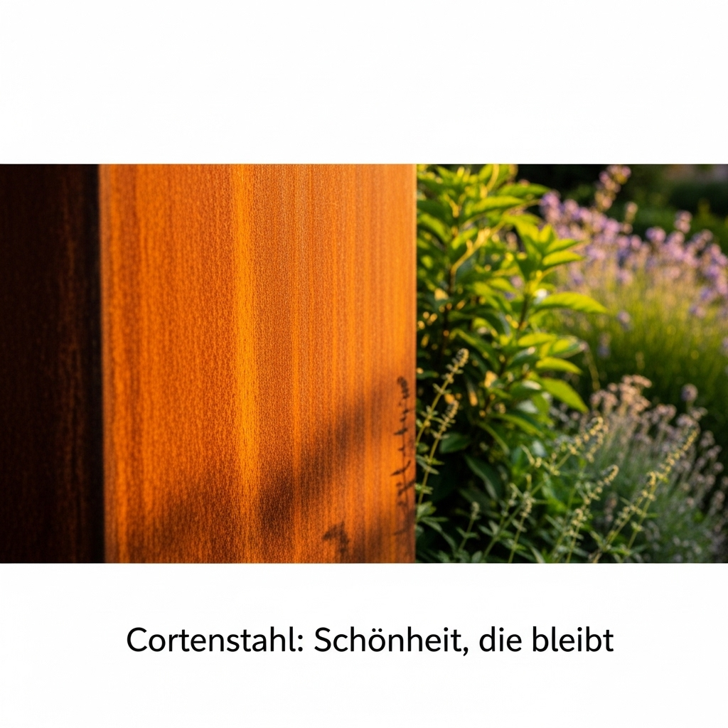 A close-up, elegant photograph of a Corten steel privacy screen in a garden, showcasing its unique, warm rust patina and durability. The image visually represents the article "Pflege und Lebensdauer von Cortenstahl: So bleibt Ihr Sichtschutz ewig schön".