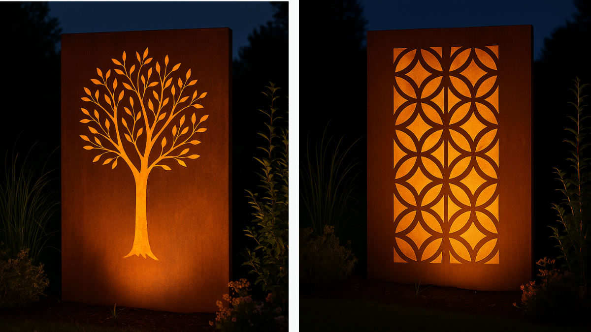 Abendaufnahme von zwei beleuchteten Cortenstahl-Sichtschutzwänden im Garten: links Motivwand mit Baumornament, rechts Motivwand mit geometrischem Muster. Beide Elemente erzeugen warme Licht- und Schatteneffekte und setzen stilvolle Akzente im Außenbereich.