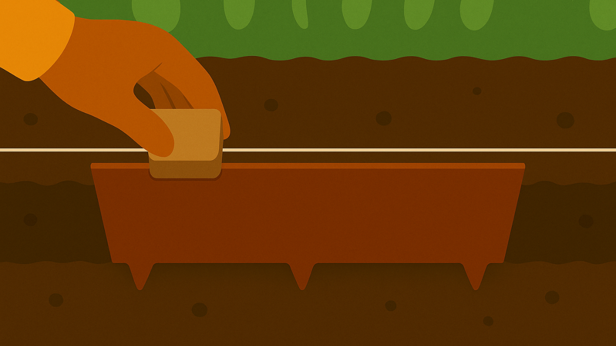 Vogelperspektive zeigt die Ausrichtung einer Cortenstahl-Beeteinfassung entlang einer gespannten Schnur. Eine behandschuhte Hand drückt mit einem Holzklotz den Stahlrand nach unten, um ihn zu fixieren.