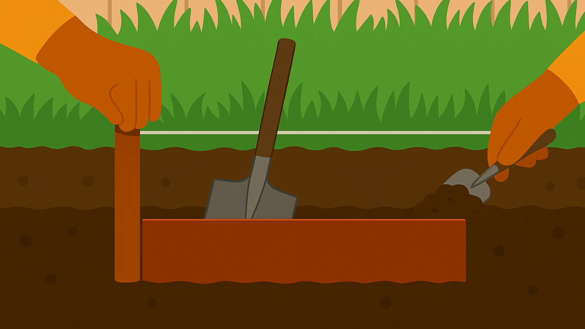 Flache Illustration zeigt die Montage einer Cortenstahl-Beeteinfassung mit unsichtbaren Spießen im Erdreich. Der obere Teil ragt über den Boden hinaus und trennt Rasen von Beet.