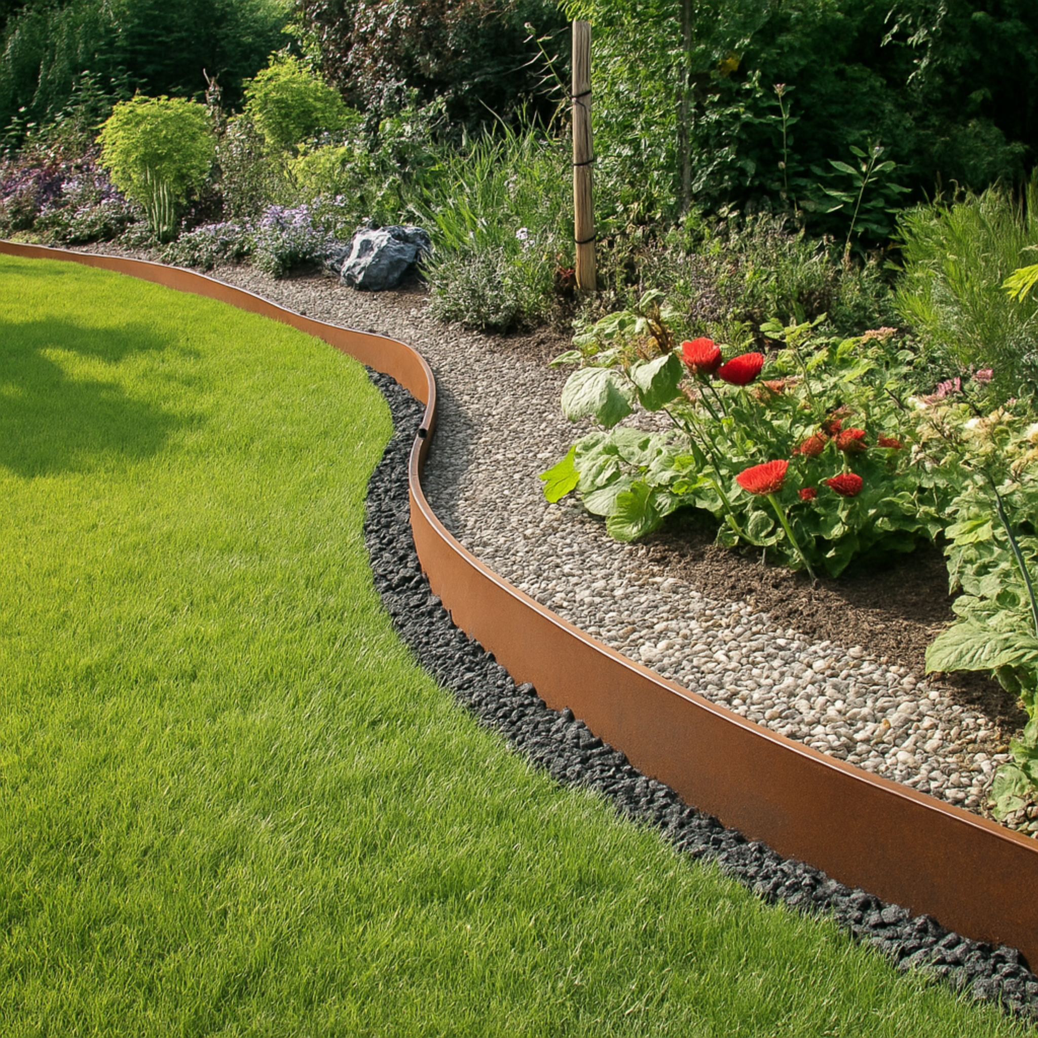 Geschwungene Cortenstahl Beeteinfassung trennt Rasen, Kiesweg und Blumenbeet – moderne Rasenkante aus Edelrost für hochwertige Gartengestaltung.