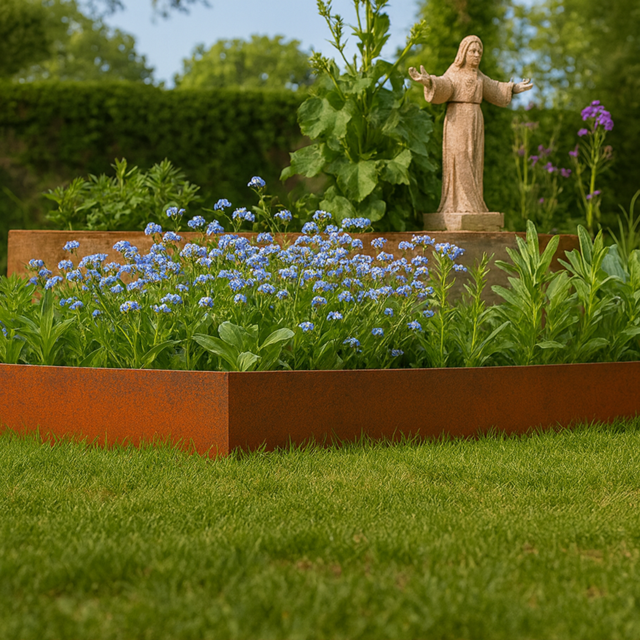 Cortenstahl Beeteinfassung im Garten mit blühenden Vergissmeinnicht und Steinfigur – robuste und stilvolle Rasenkante aus Edelrost für moderne Gartengestaltung.