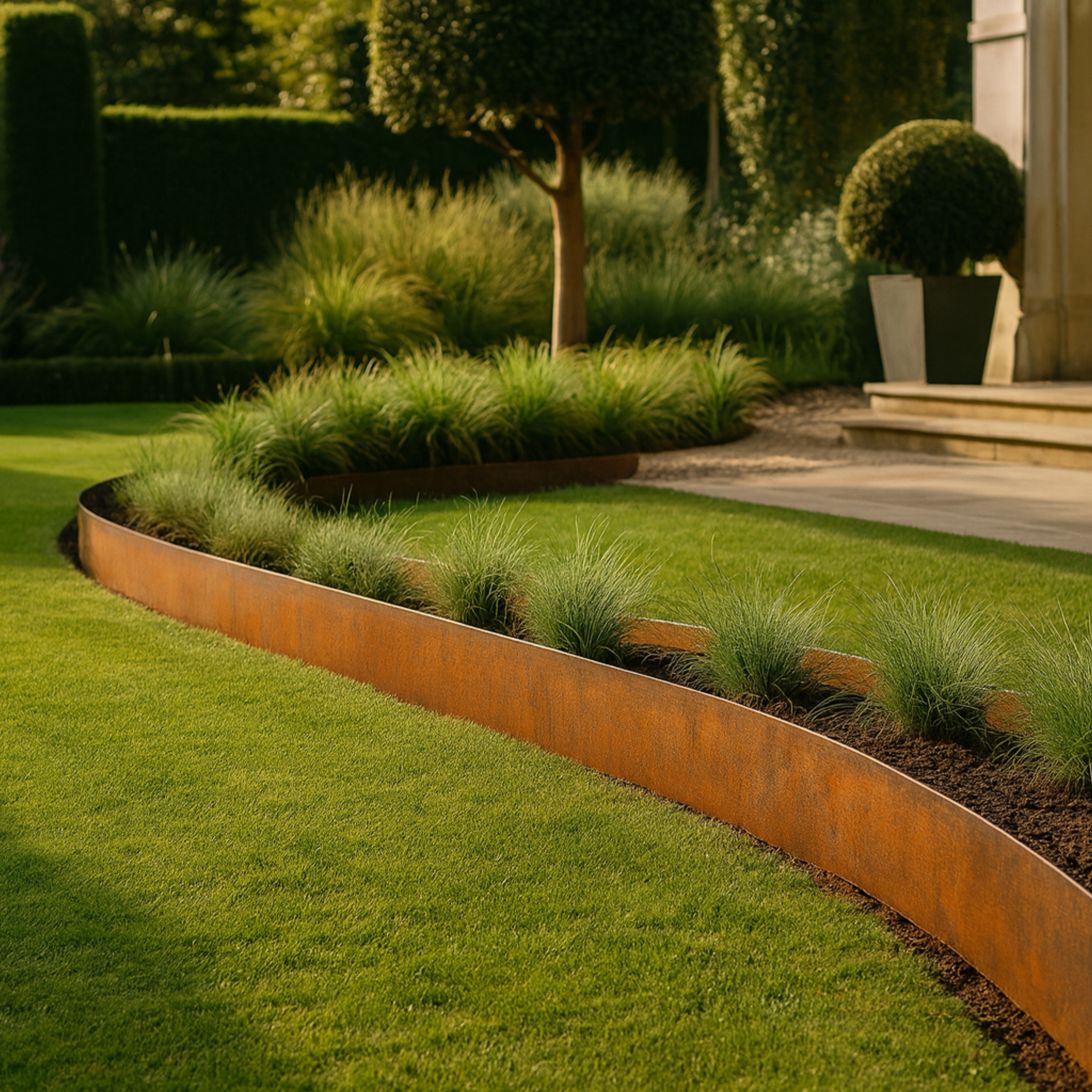 Luxuriöser Garten mit geschwungener Cortenstahl Beeteinfassung – Edelrost Rasenkante trennt Rasen von Ziergräsern und sorgt für elegante Struktur.