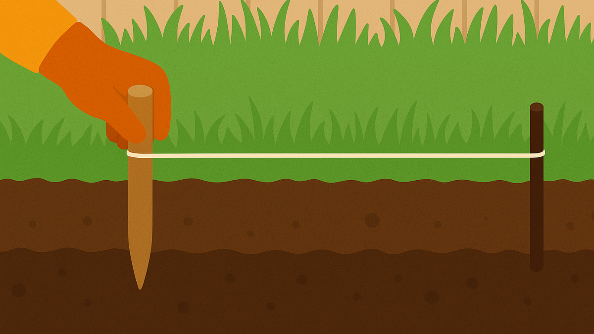 Illustration zeigt die Markierung einer Beeteinfassung mit Schnur: Ein Holzpflock wird in den Boden gesetzt, eine gespannte Schnur markiert den Verlauf zwischen Beet und Rasen.