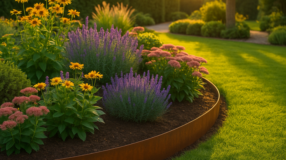 Gepflegter Garten mit Cortenstahl-Beeteinfassung im warmen Abendlicht – klare Abgrenzung von Rasen und Blumenbeet, moderne Edelrost-Optik.