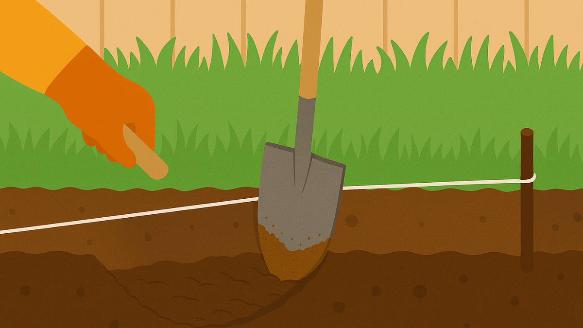 Flache Illustration zeigt das Ausheben eines Grabens für eine Cortenstahl-Beeteinfassung: Ein Spaten wird von einer orange behandschuhten Hand in den Boden gedrückt, eine gespannte Schnur markiert den Verlauf.