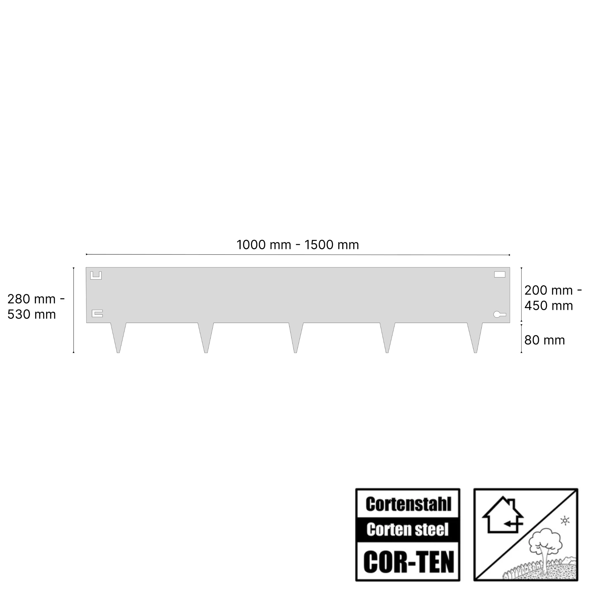Technische Zeichnung einer Cortenstahl Beeteinfassung mit Spießen – Maße von 1000 bis 1500 mm Länge und 200 bis 450 mm Höhe, gefertigt aus COR-TEN Stahl.