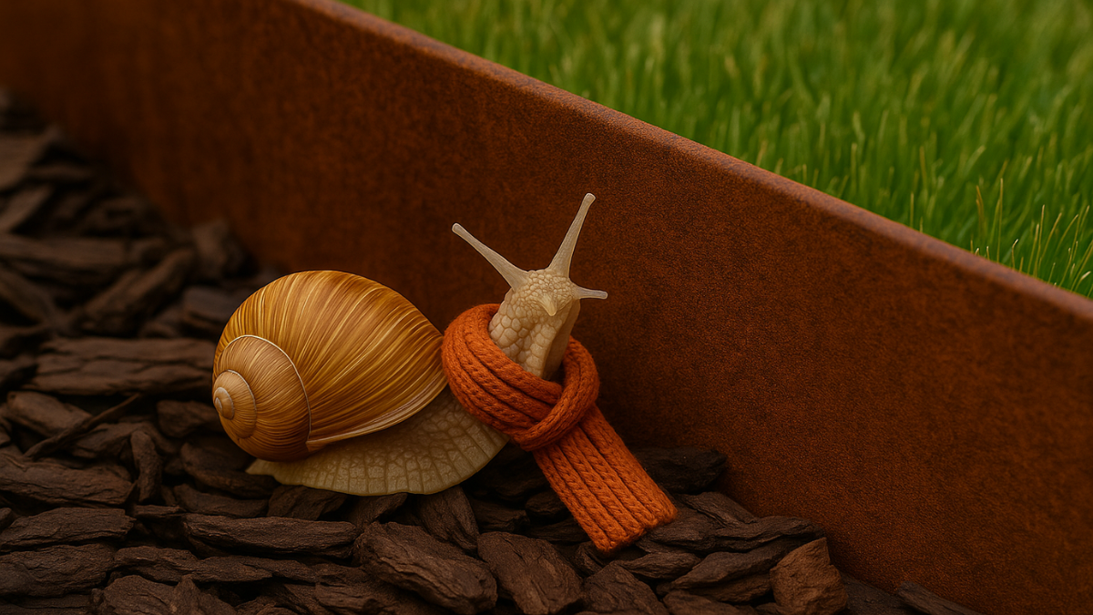 Eine Gartenschnecke sitzt auf Mulch vor einer Cortenstahl-Beeteinfassung und trägt einen gestrickten Schal. Herbstliche Stimmung mit kühler Atmosphäre.
