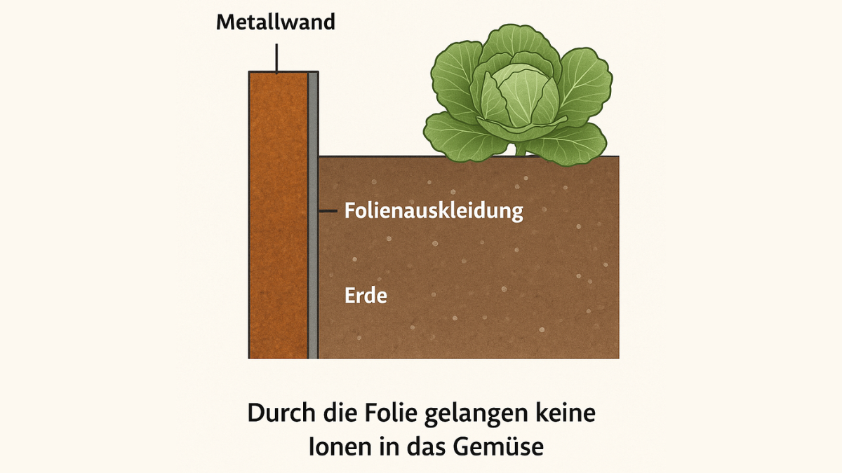 Infografik zeigt Aufbau eines Cortenstahl Hochbeets mit Metallwand, Folienauskleidung und Erde – Schutzschicht verhindert Übergang von Metallionen ins Gemüse