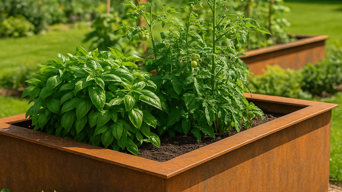 Bepflanztes Cortenstahl Hochbeet mit Tomaten, Basilikum und Kräutern im Garten, modernes Edelrost-Design als Blickfang