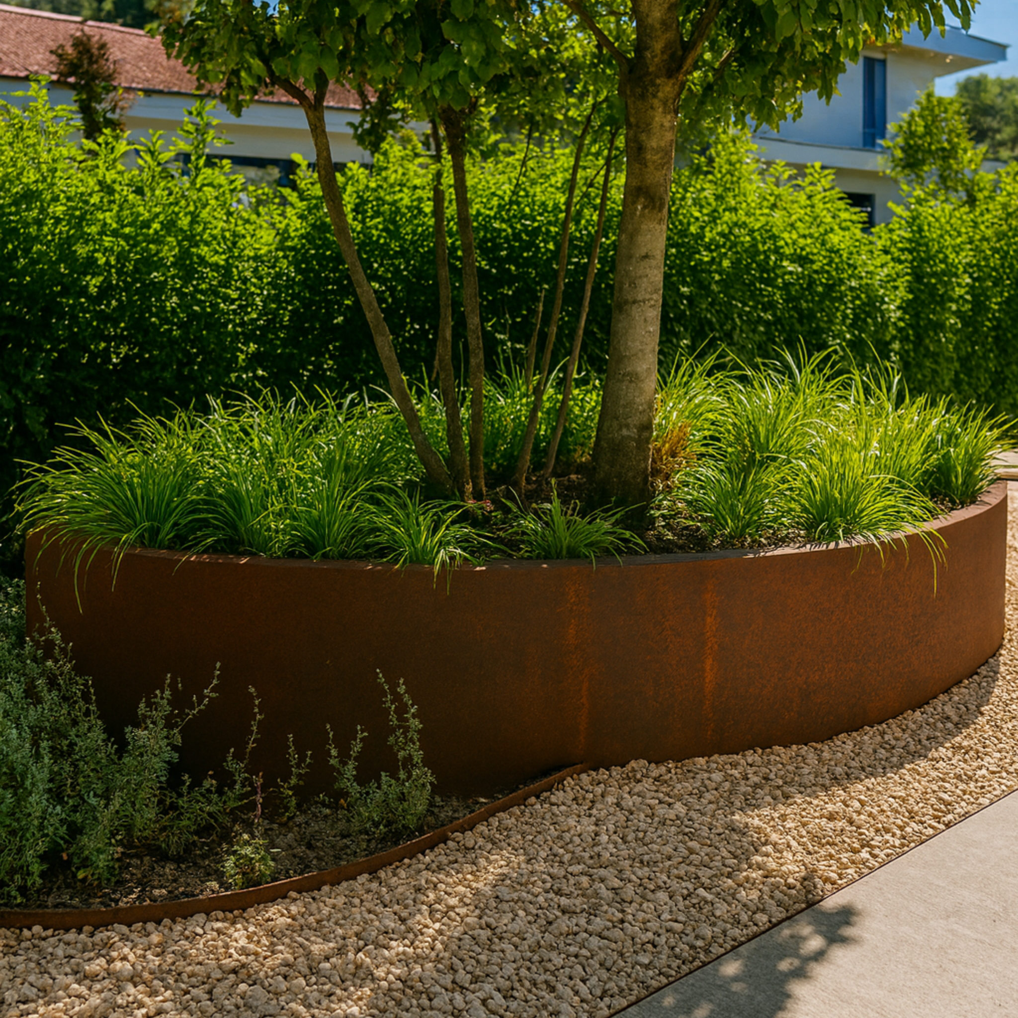 Ovales Hochbeet aus Cortenstahl im Garten, bepflanzt mit Ziergräsern und einem Baum – langlebige Edelrost-Optik für moderne Gartengestaltung.