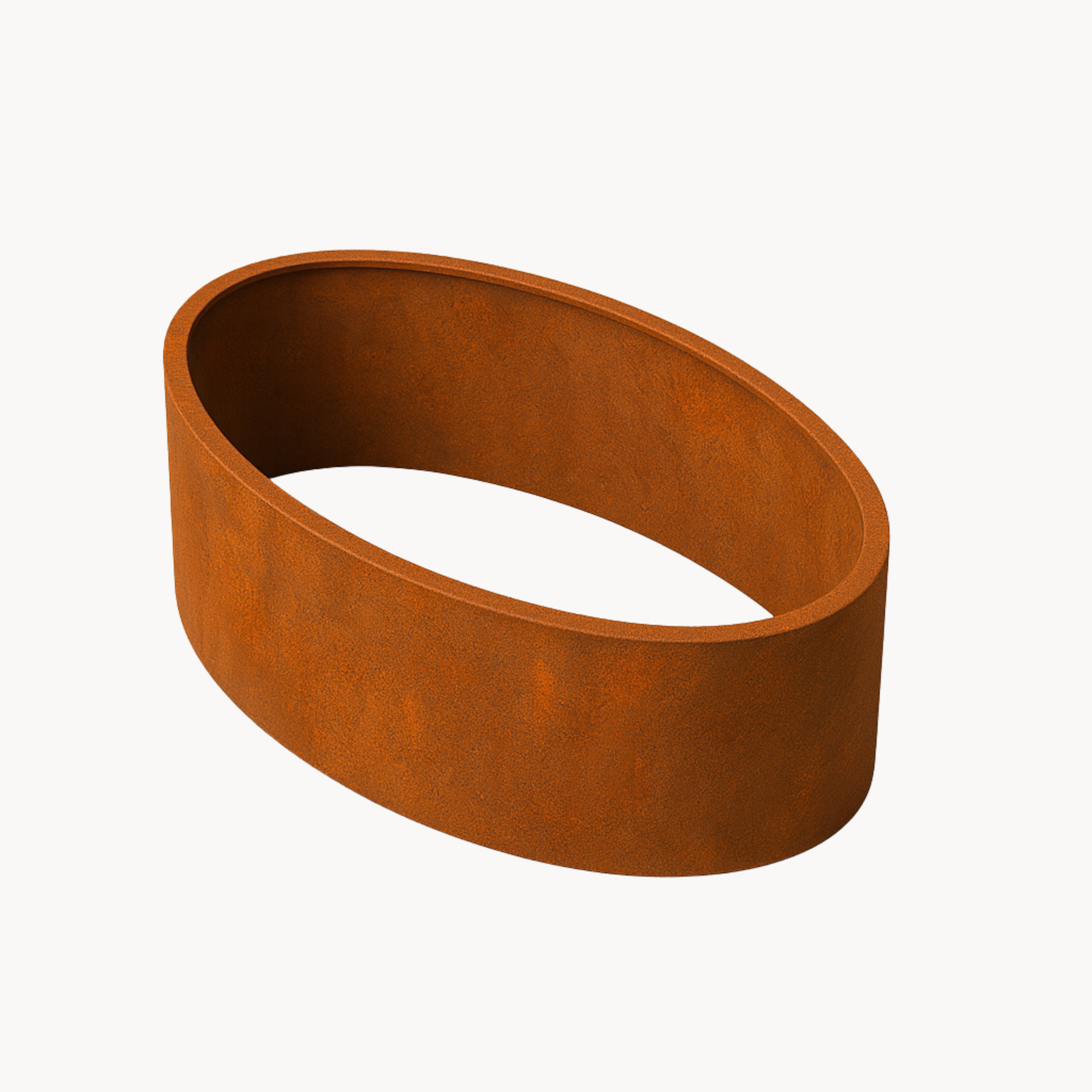 Rendering eines ovalen Hochbeets aus Cortenstahl mit Edelrost-Optik – modernes Design für langlebige Gartengestaltung und Urban Gardening.