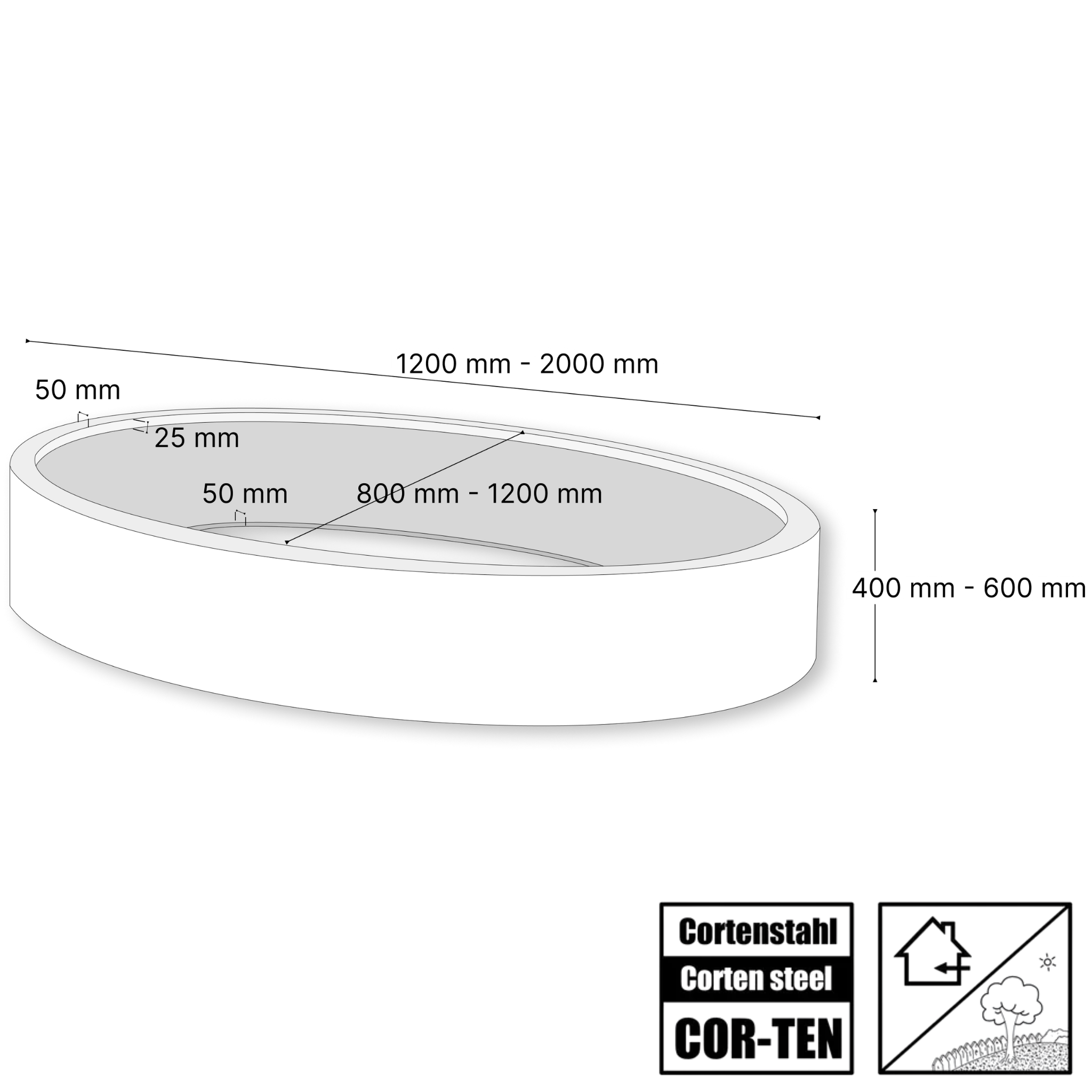 Technische Skizze eines ovalen Hochbeets aus Cortenstahl mit Maßangaben zu Länge, Breite und Höhe – detaillierte Bauzeichnung für Edelrost-Hochbeete.