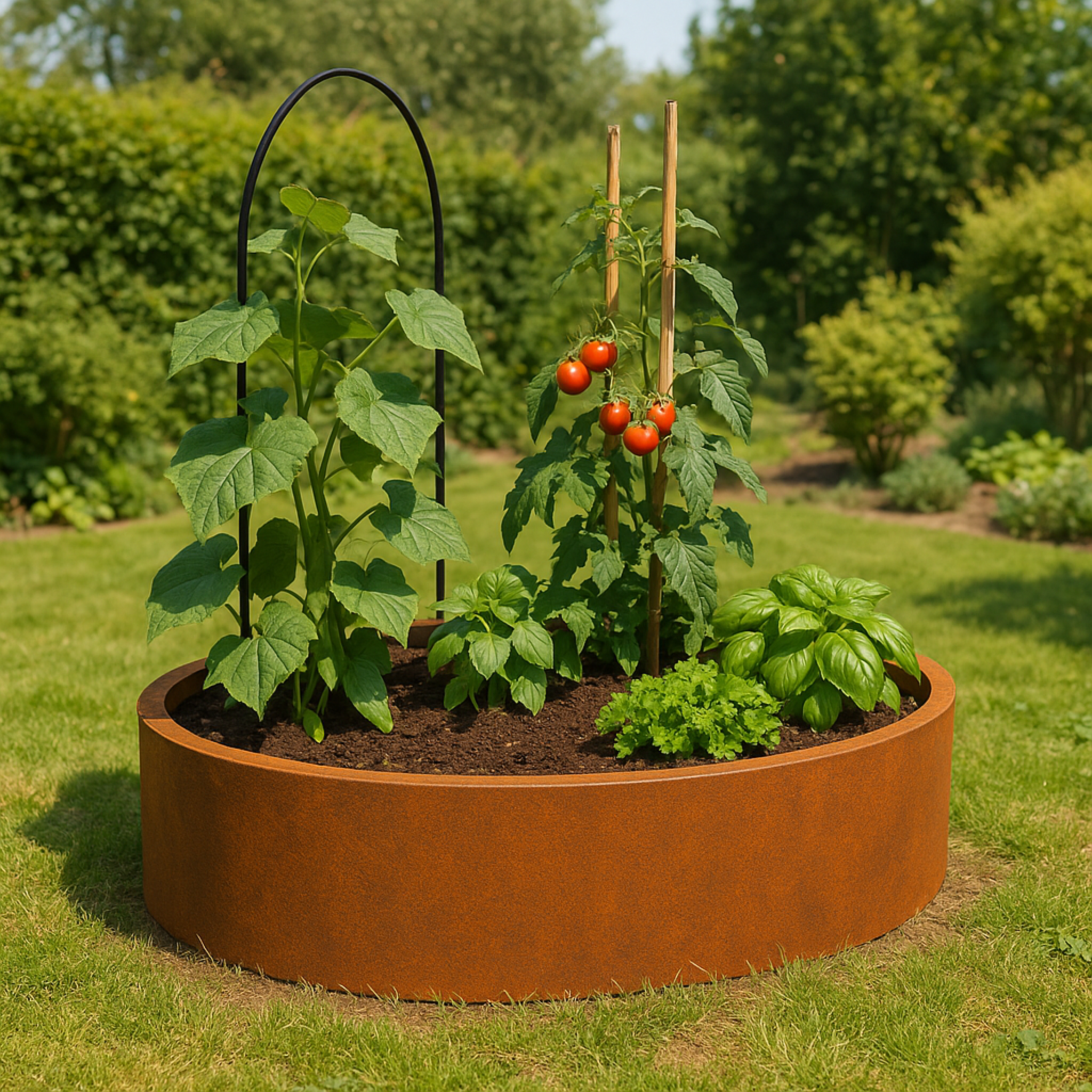 Ovales Hochbeet aus Cortenstahl im Garten, bepflanzt mit Tomaten, Basilikum und Gemüse – langlebige Edelrost-Optik für modernes Urban Gardening.