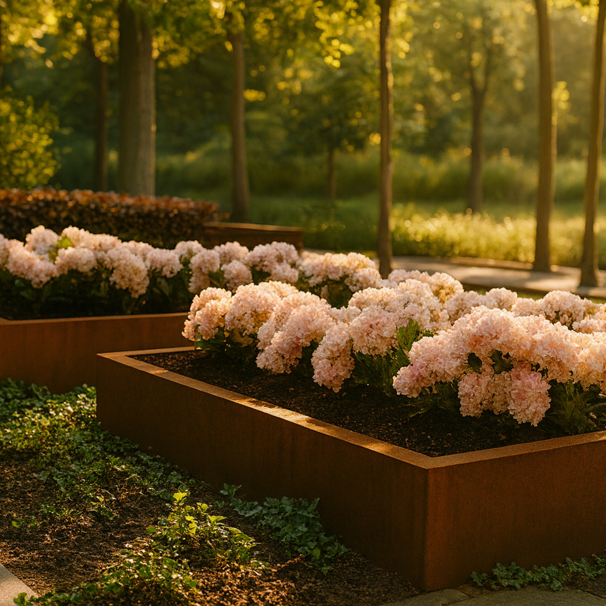 Quadratisches Hochbeet aus Cortenstahl, bepflanzt mit rosa Hortensien im Garten – langlebige Edelrost-Optik für stilvolle Gartengestaltung.