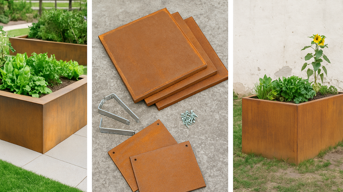 Vergleich von Cortenstahl Hochbeeten: fertig gekauftes Hochbeet bepflanzt im Garten, Cortenstahl-Bausatz mit Platten und Schrauben zum Selberbauen sowie gebrauchtes Hochbeet mit Patina als günstige Alternative