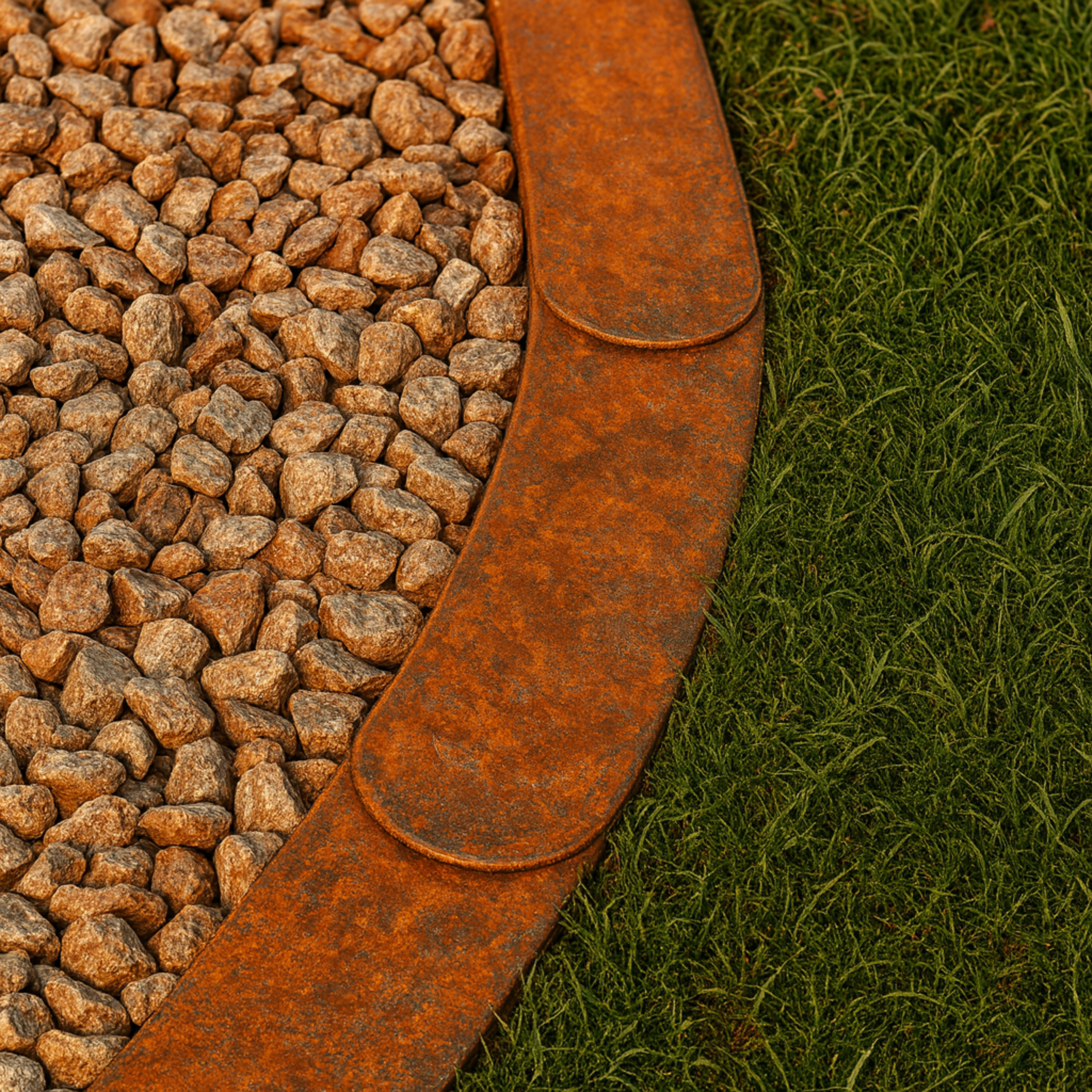 Cortenstahl Rasenkante als elegante Abgrenzung zwischen Kiesfläche und Rasen – rostige Gartenstahl-Kante für langlebige und moderne Gartengestaltung.