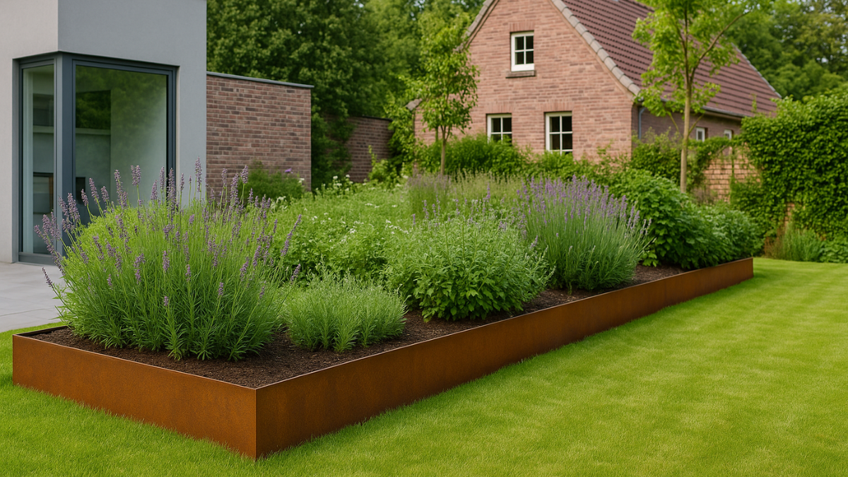 Cortenstahl Rasenkante trennt modernes Blumenbeet mit Lavendel vom gepflegten Rasen – langlebige Gartengestaltung im stilvollen Garten.