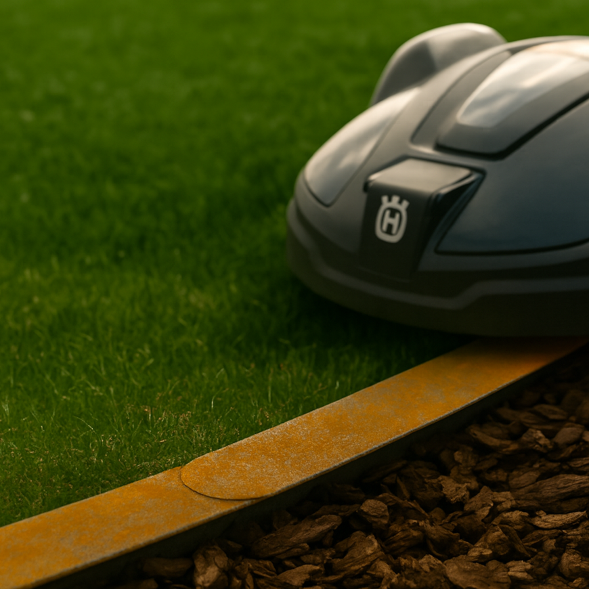 Cortenstahl Rasenkante im Garten als saubere Abgrenzung zwischen Rasen und Mulch, befahrbar mit Mähroboter – langlebige Gartenstahl-Lösung für moderne Gartengestaltung.