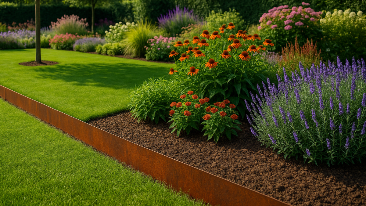 Traumgarten mit Cortenstahl Rasenkante: sauber getrennte Rasenfläche und blühende Beete mit Stauden, die durch die rostige Optik edel hervorgehoben werden.