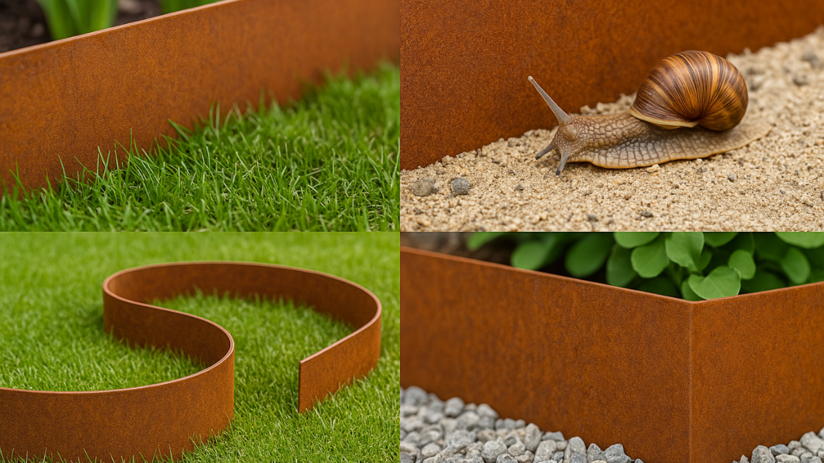 Vier Detailaufnahmen einer Cortenstahl Rasenkante: Langlebigkeit im Garten, Schneckenschutz, flexible Formbarkeit und ästhetische Optik.