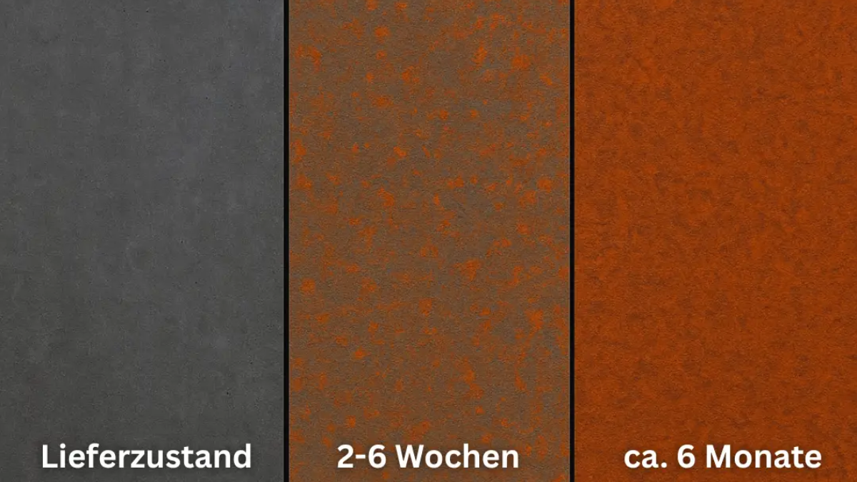 Nach der Anrostphase stabilisiert die Patina den Stahl dauerhaft.