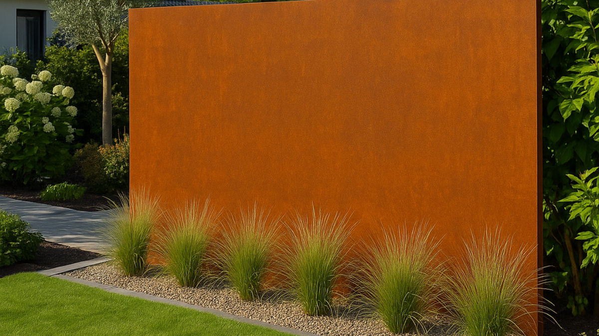Moderner Garten mit Cortenstahl-Sichtschutzwand, eingerahmt von Ziergräsern, Hecken und Sträuchern – stilvolle Privatsphäre und Gartendesign mit langlebigem Cortenstahl Sichtschutz.