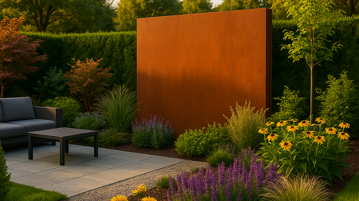 Moderner Traumgarten bei Sonnenuntergang mit Cortenstahl-Sichtschutzwand als Highlight, umgeben von blühenden Stauden, Ziergräsern und einer eleganten Sitzecke – stilvolle Privatsphäre und Gartendesign mit Cortenstahl.