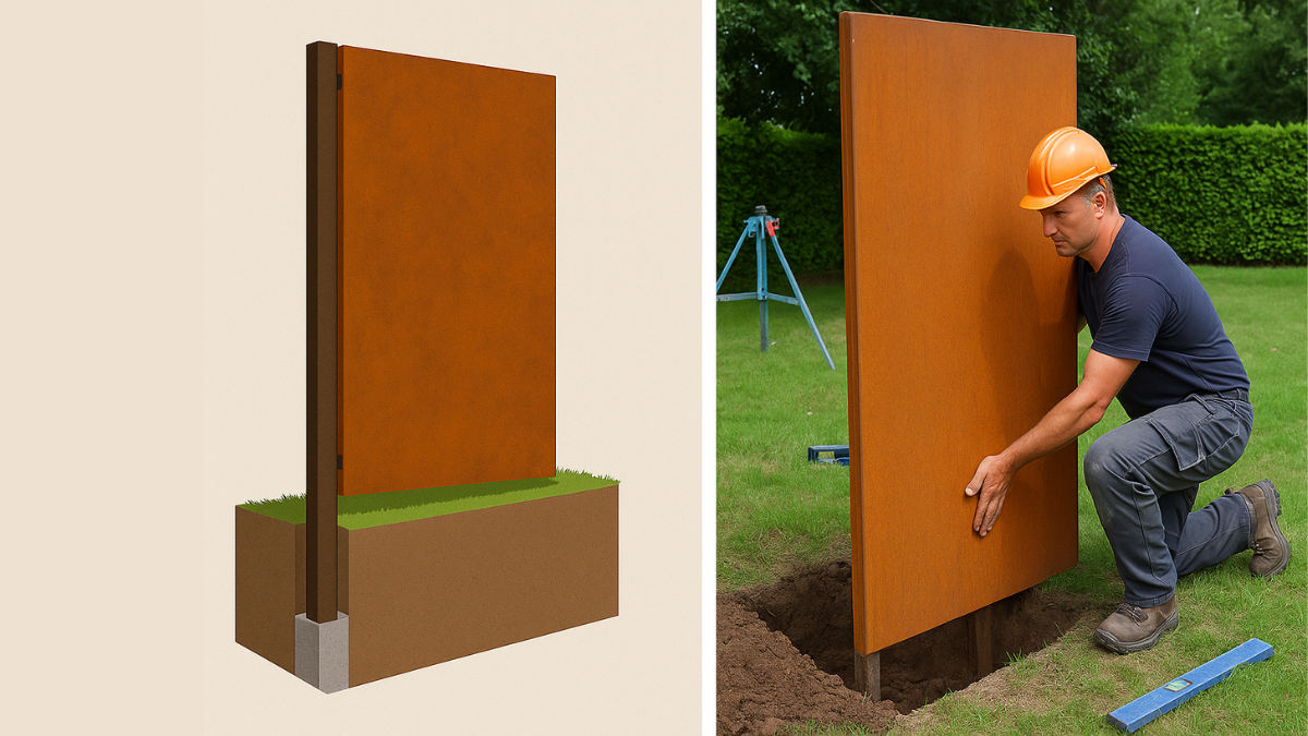 Illustration und Foto zur Montage eines Cortenstahl-Sichtschutzes: links Schemazeichnung mit einbetoniertem Pfosten, rechts Baustellenszene mit Handwerker beim Aufstellen der Cortenstahlwand im Garten.