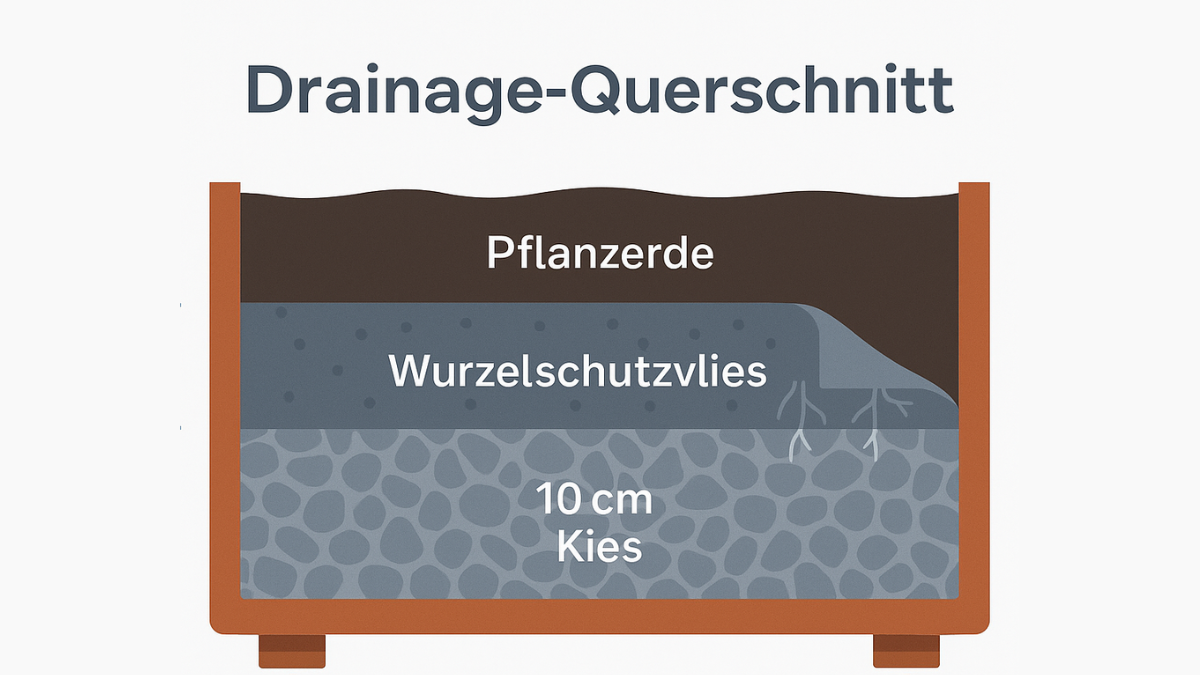 10 cm Kies, Wurzelschutzvlies, Pflanzerde – Querschnitt eines Corten-Kübels