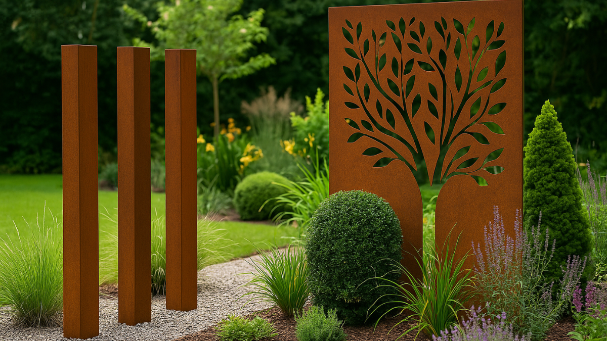 Gestaltungselemente im Garten mit Cortenstahl: Drei schlanke Stelen und eine Motivwand mit Baum-Ausschnitt, kombiniert mit Ziergräsern, Sträuchern und Blühpflanzen – modernes Design und natürliche Harmonie.
