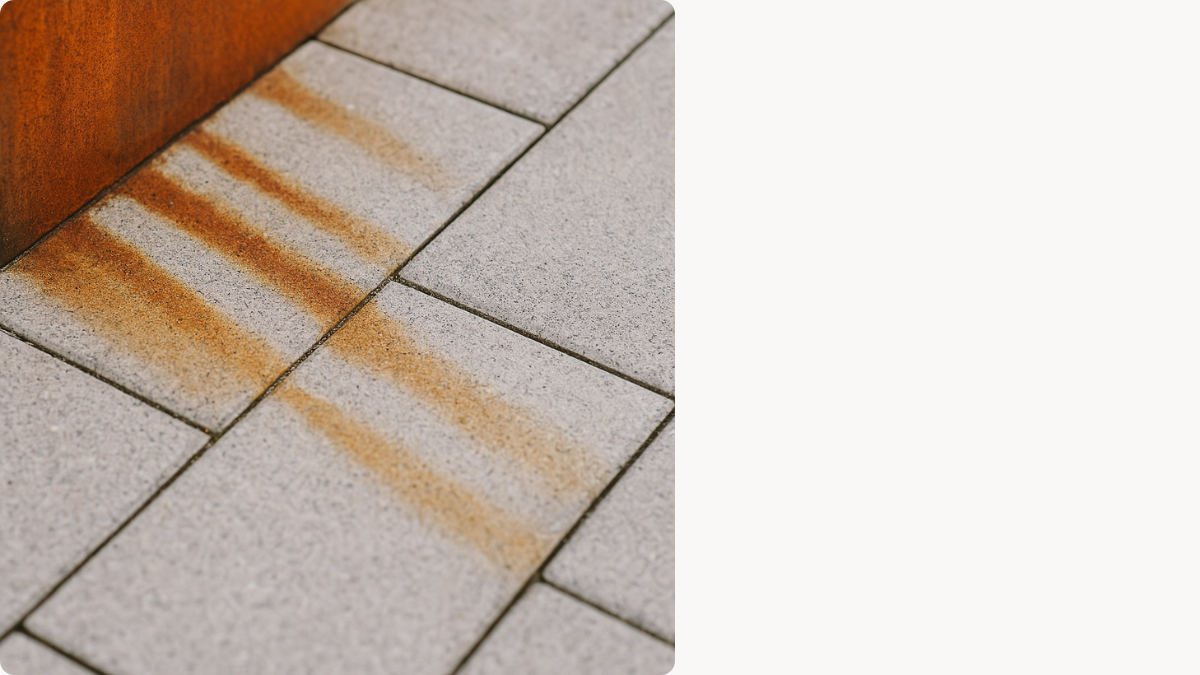 Rostfahnen auf hellen Bodenplatten durch Cortenstahl – Beispiel für anfängliche Abfärbungen im Garten.