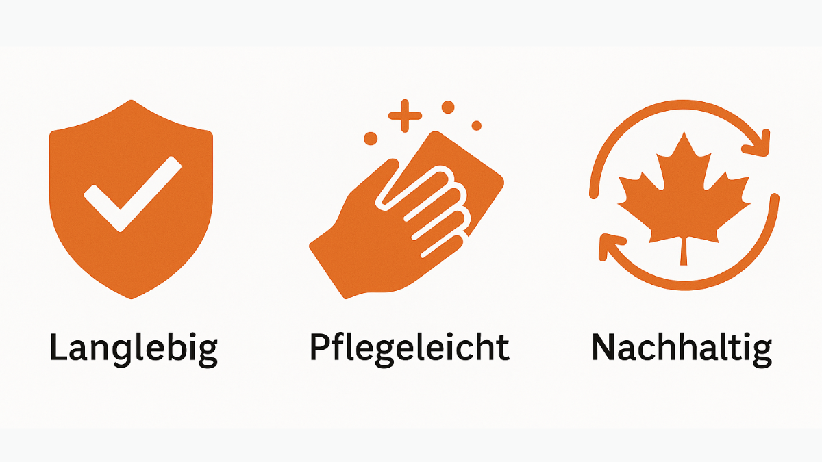 Infografik zu den Vorteilen eines Cortenstahl-Sichtschutzes: langlebig, pflegeleicht, nachhaltig – visualisiert mit Symbolen für Stabilität, einfache Reinigung und Umweltfreundlichkeit.