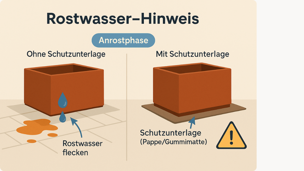Cortenstahl Rostpatina Wsserflecken in der Anrostphase; Pflanzkübel auf Schutzunterlage