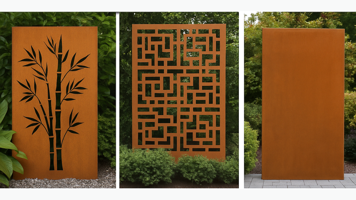 Galerie von Cortenstahl-Sichtschutzwänden in verschiedenen Varianten: Motiv mit Bambus-Ausschnitt, geometrisches Muster und schlichte Wand