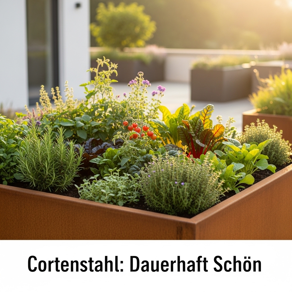 A modern Corten steel raised garden bed with a rich, earthy patina, filled with vibrant green plants, illustrating the care and planting of Corten steel raised beds for lasting beautiful results.