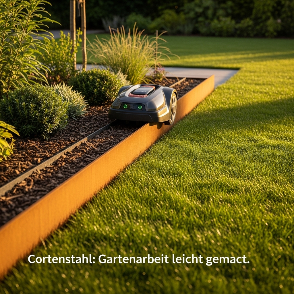 A modern robotic lawn mower effortlessly cutting grass along a sleek Corten steel lawn edge, illustrating how Cortenstahl Rasenkante als Mähkante makes Gartenarbeit easier.