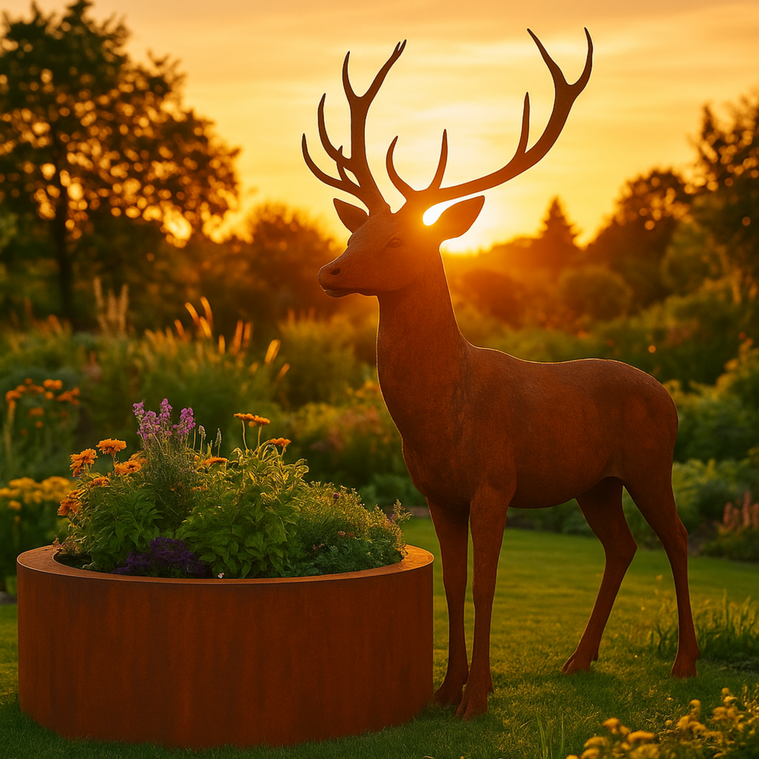 Cortenstahl Hochbeet mit bunten Blumen neben Edelrost-Hirschskulptur im Garten bei Sonnenuntergang – dekoratives Designelement mit Edelrost-Optik