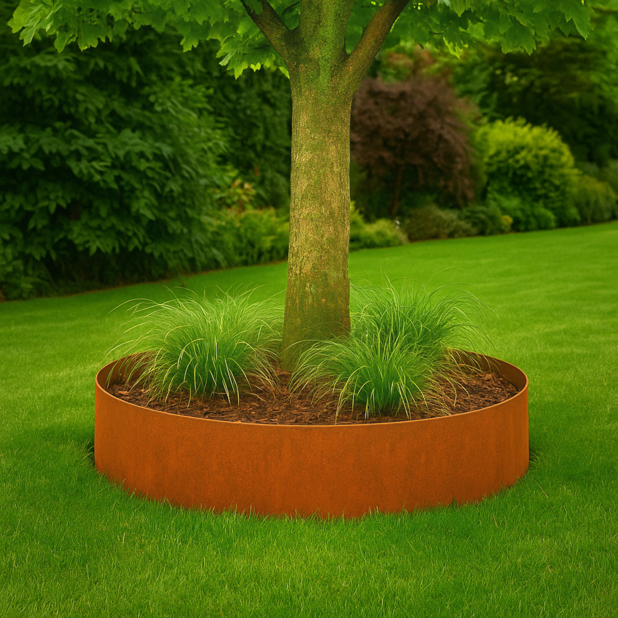 Runde Cortenstahl Beeteinfassung um einen Baum – stabile Edelrost Beetbegrenzung für große Pflanzen im modernen Garten.