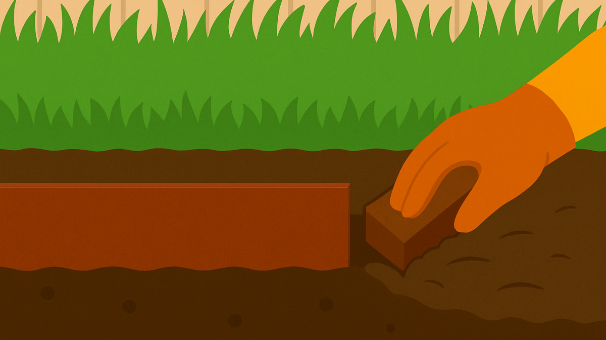 Flache Illustration zeigt eine eingesetzte Cortenstahl-Beeteinfassung im Garten. Eine behandschuhte Hand füllt Erde seitlich an und drückt sie fest, sodass die Einfassung stabil im Boden fixiert wird.