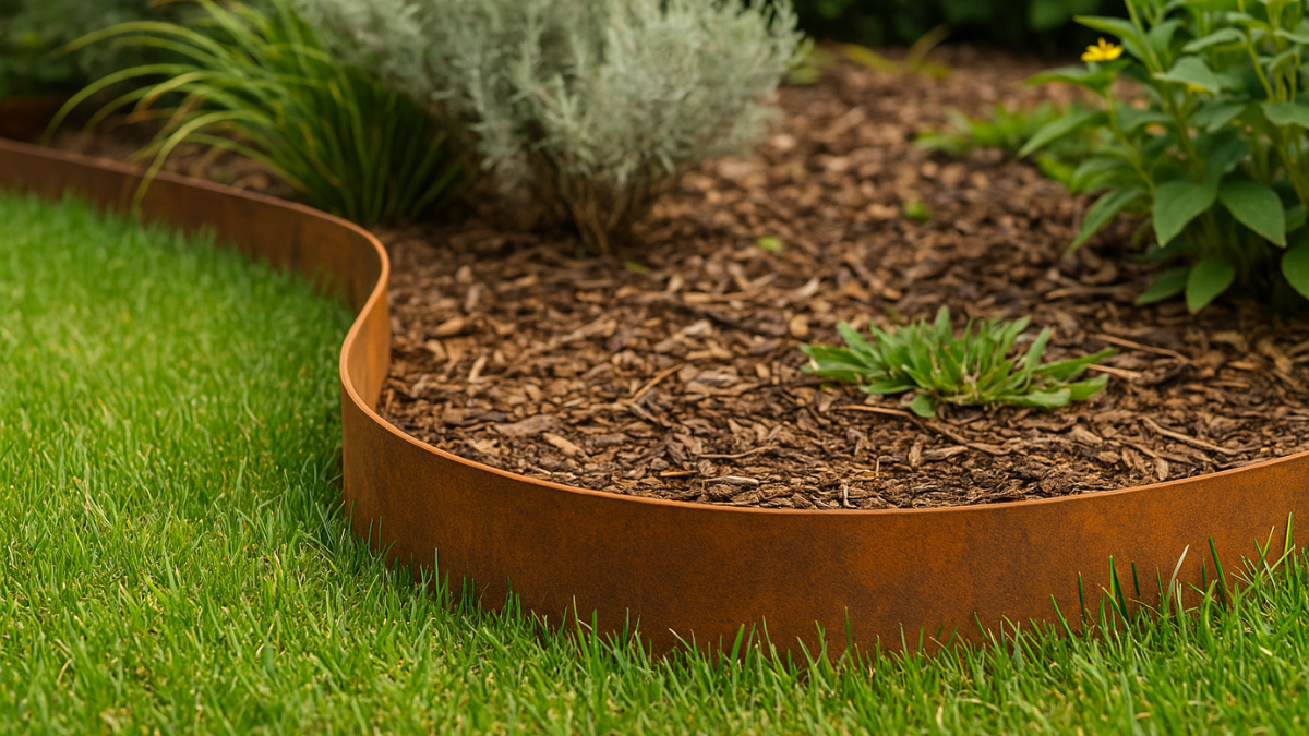 Cortenstahl-Beeteinfassung in geschwungener Form trennt Rasen und Mulchbeet – flexible Gestaltung mit rostiger Patina für individuelle Gartenarchitektur.