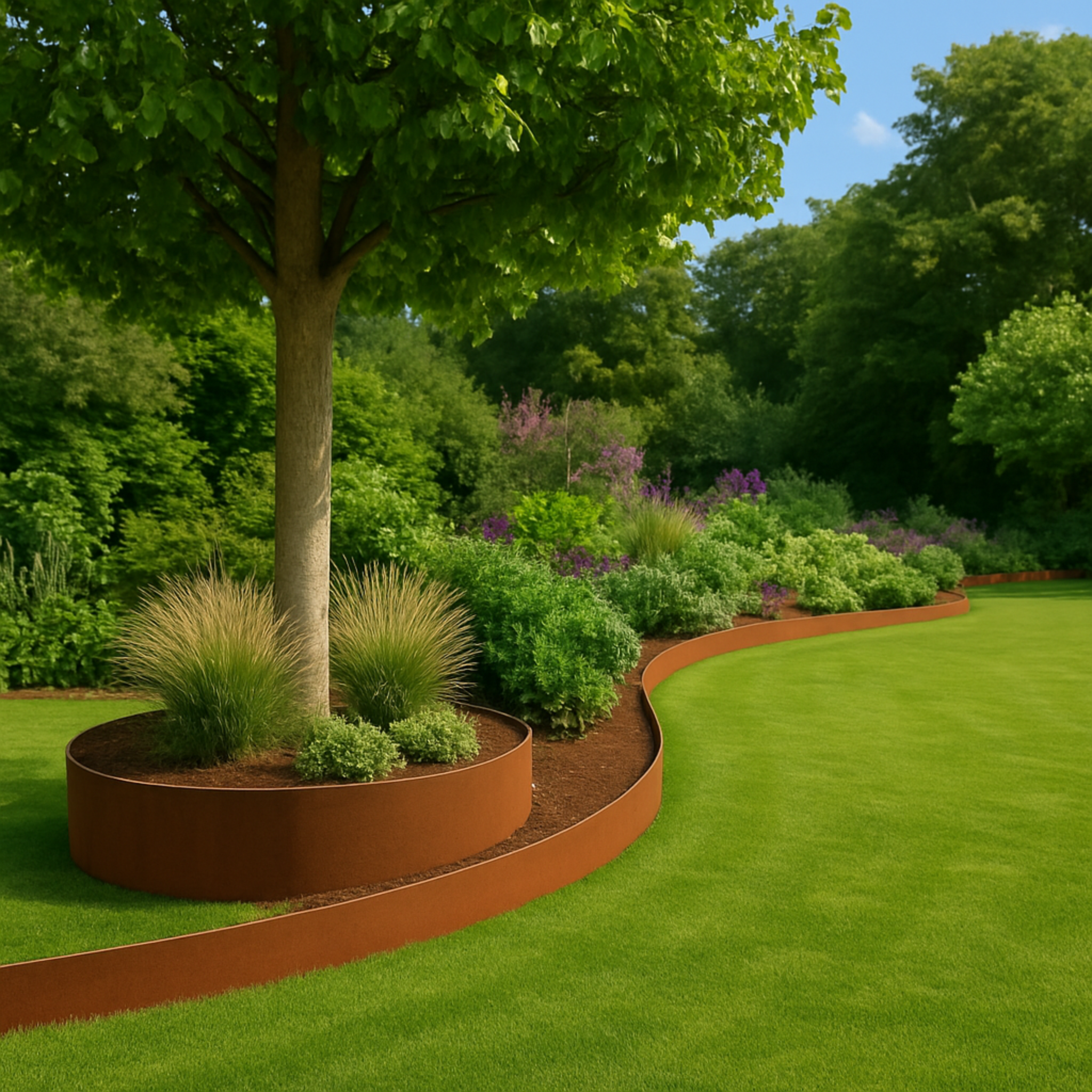 Weitläufiges Gartenbeet mit Cortenstahl Beeteinfassung – langlebige Edelrost Beetbegrenzung für große Gartenflächen und moderne Landschaftsgestaltung.