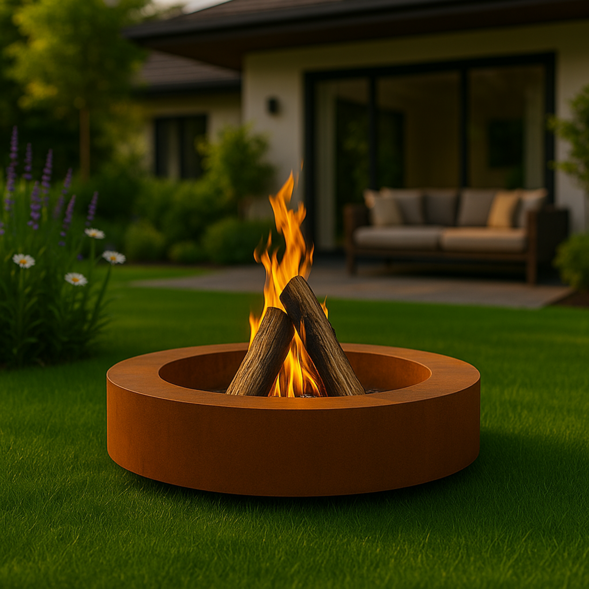 Luxuriöse runde Feuerschale aus Cortenstahl mit Edelrost-Patina auf moderner Terrasse, vor stilvollem Haus mit Outdoor-Lounge und gepflegtem Garten – exklusives Gartendesign mit Feuerstelle.