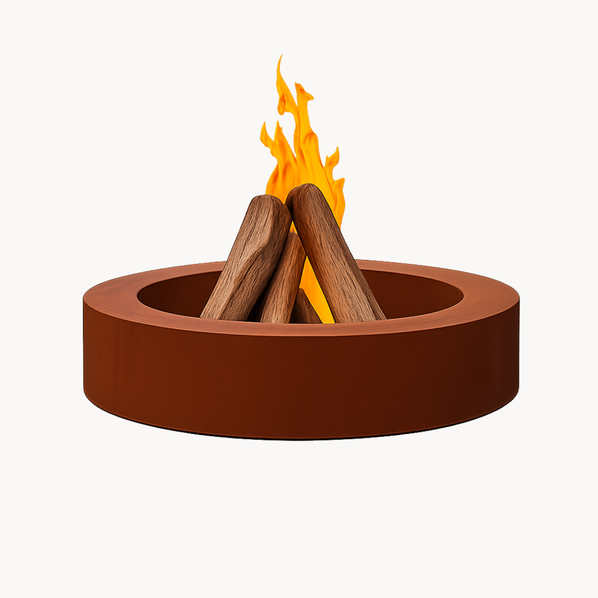 Runde Feuerschale aus Cortenstahl mit brennendem Feuerholz – luxuriöses Gartenaccessoire, wetterfest, langlebig und stilvolles Highlight für Terrasse und Außenbereich.