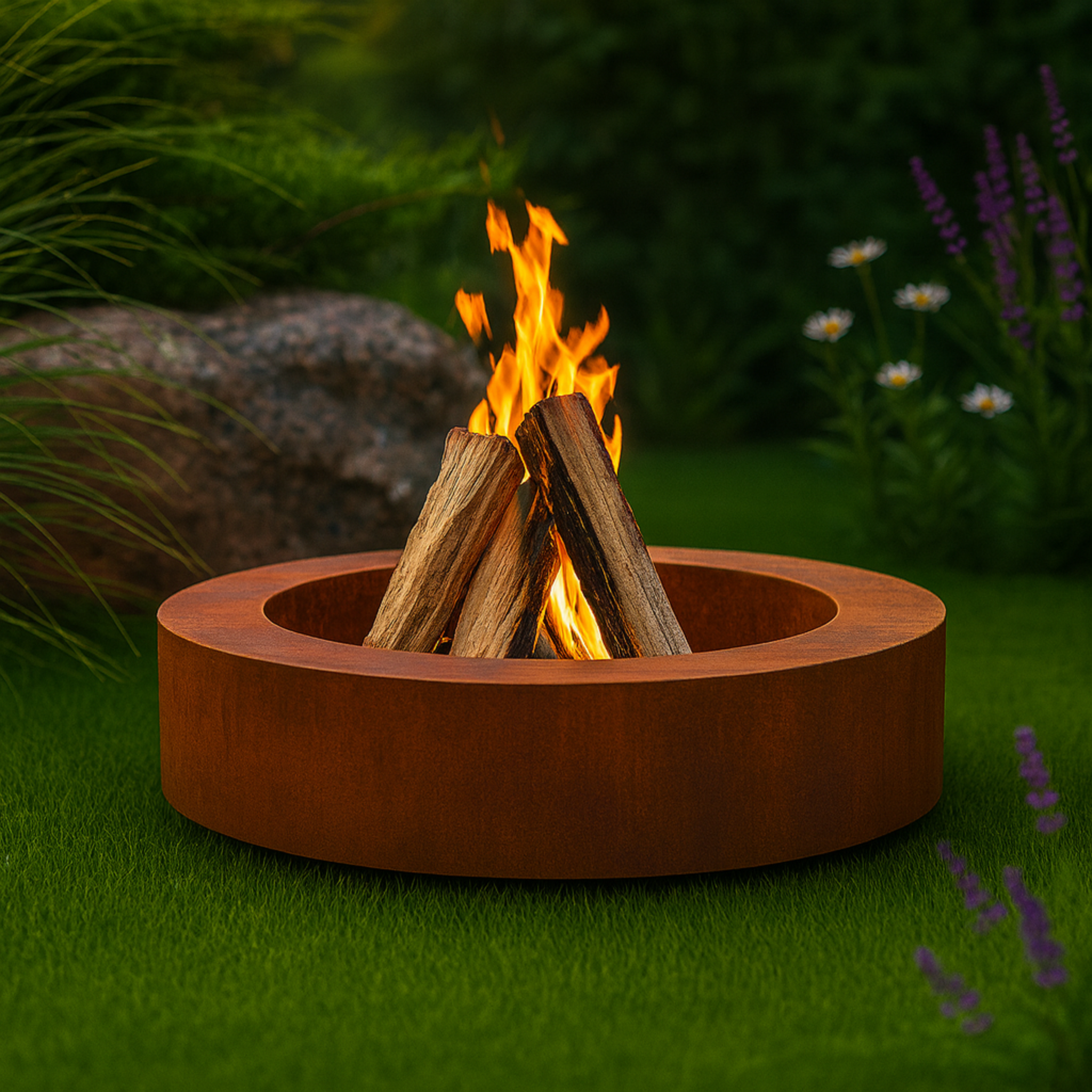 Runde Feuerschale aus Cortenstahl mit Edelrost-Optik, brennend mit Holz im Garten – stilvolle Feuerstelle für Terrasse, Outdoor-Lounge und moderne Gartengestaltung.