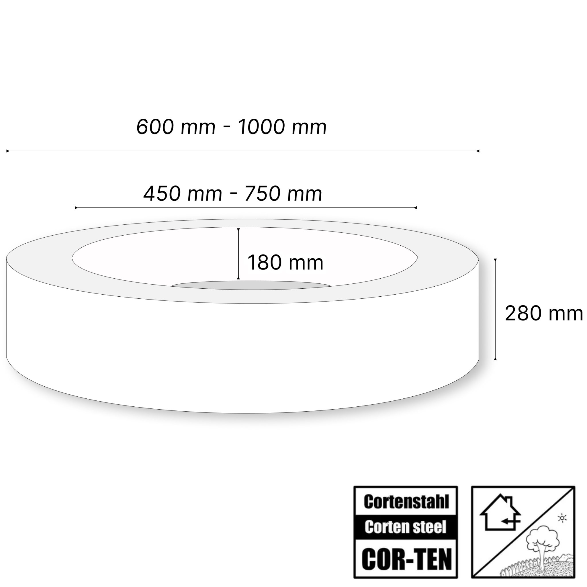 Technische Zeichnung einer runden Feuerschale aus Cortenstahl mit Maßen: Außendurchmesser 600–1000 mm, Innenmulde 450–750 mm, Höhe 280 mm, Tiefe 180 mm – hochwertig, langlebig, wetterfest.